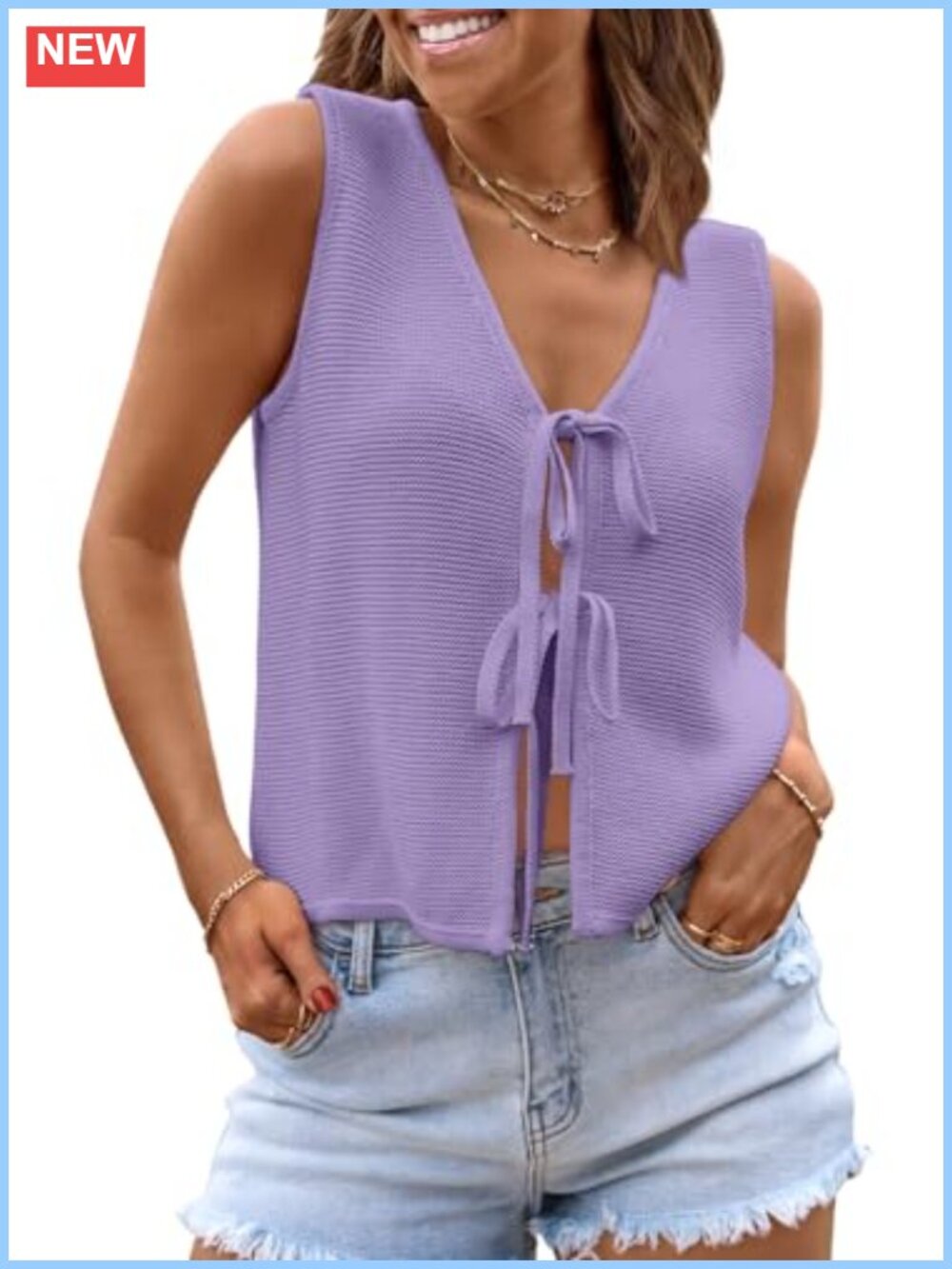 Tie Front Sweater Vest Sleeveless V-Neck Crochet Vacation Top